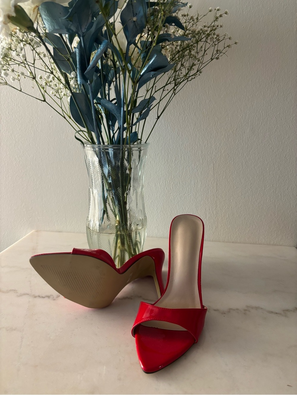 Bold Red Patent Open-Toe Heel Mules